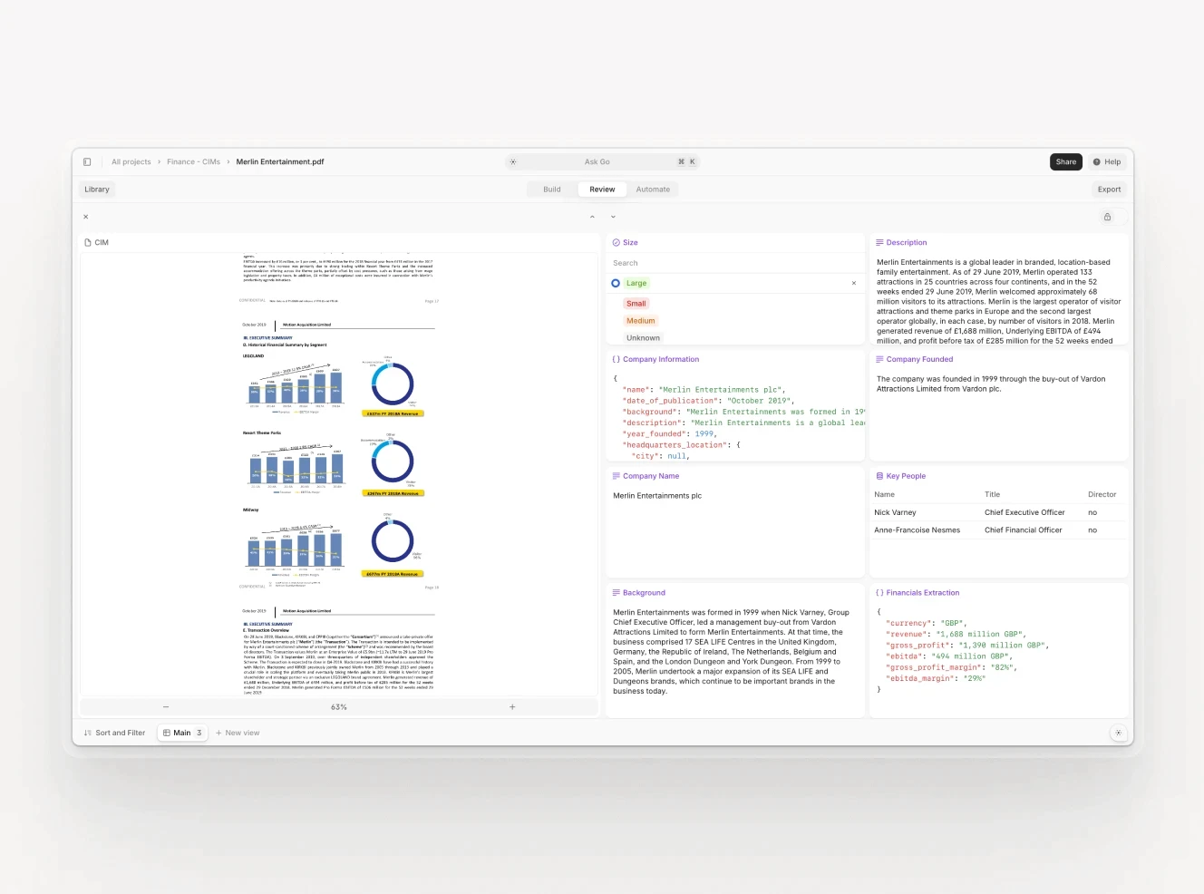 V7 Go's document review interface, highlighting its AI-powered capabilities for analyzing and extracting data from complex financial documents.