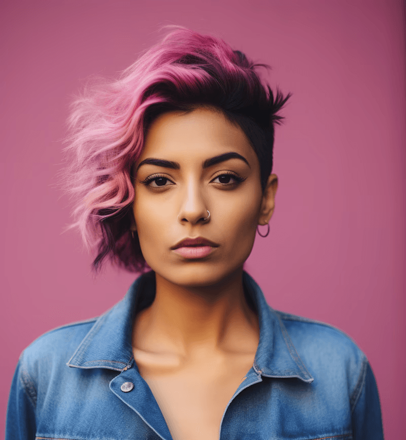 A person with short pink hair and a nose ring looks confidently at the camera. They're wearing a denim jacket against a pink background.