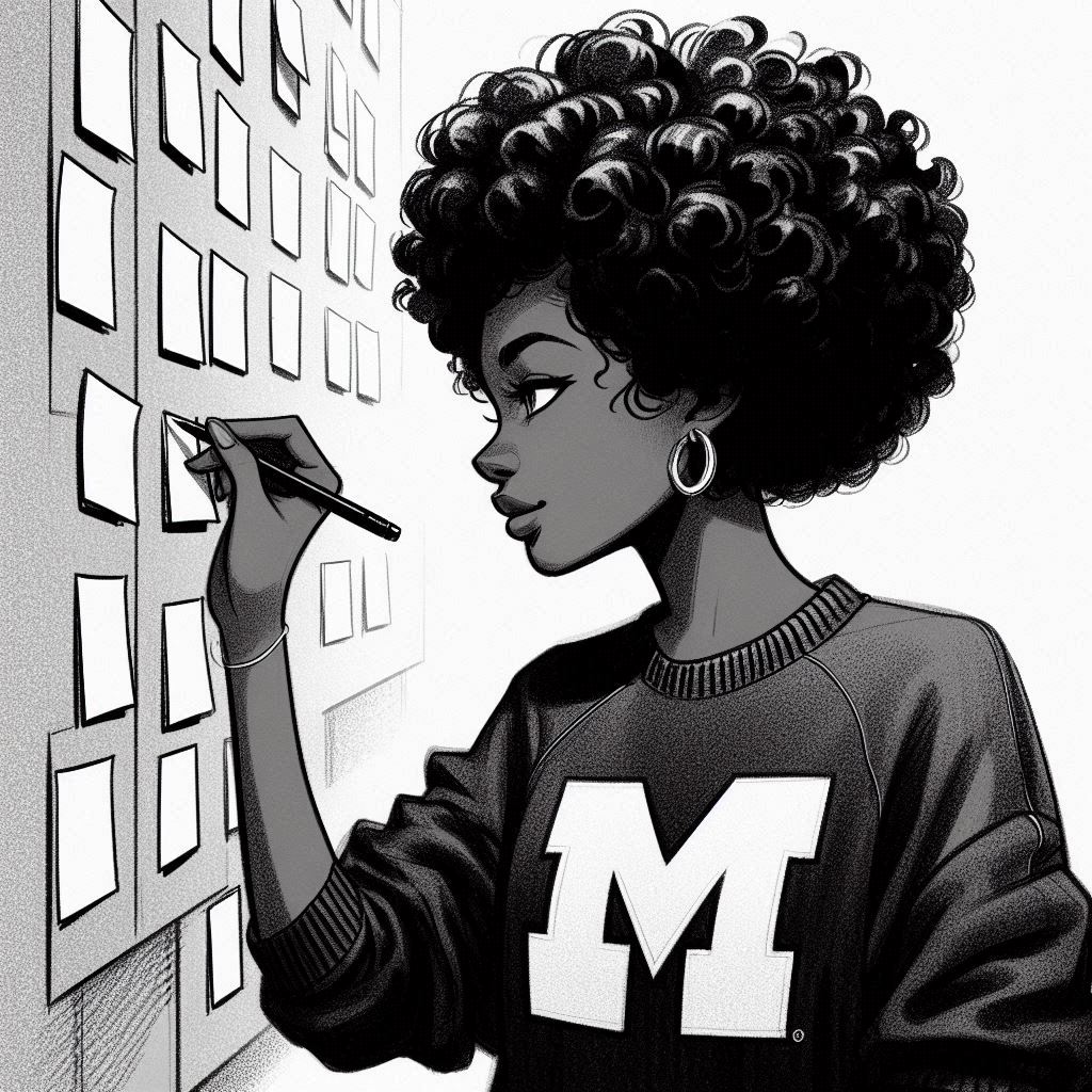 Black and white, AI generated image of a sketch depicting Samartha writing on a sticky note on a wall.