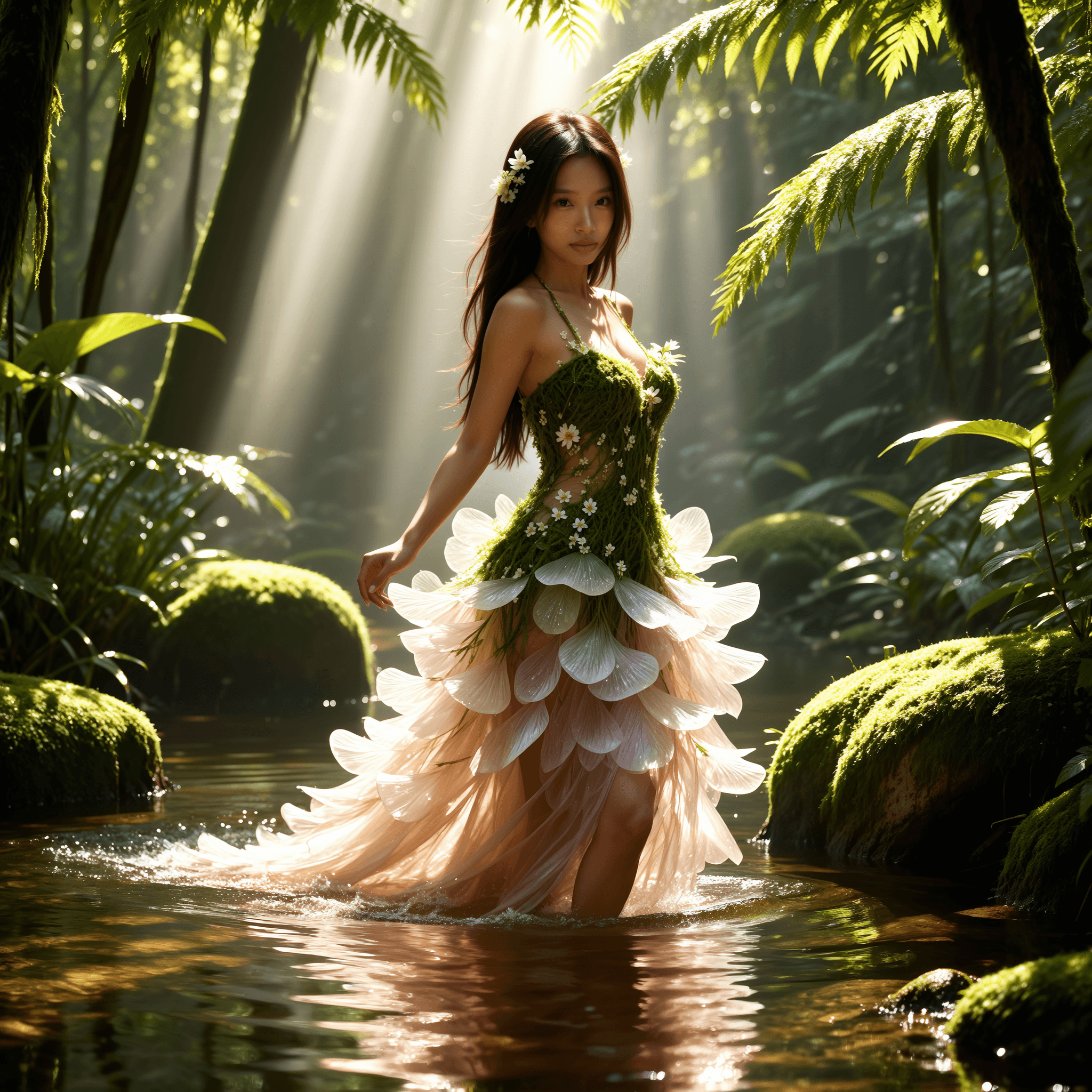 KI-Model in einem fantasievollen Kleid aus Moos, Blüten und transparenten Stofflagen, watend durch einen klaren Waldbach. Sonnenstrahlen fallen dramatisch durch das dichte Blätterdach, wodurch ein magischer, naturverbundener und märchenhafter Look entsteht.