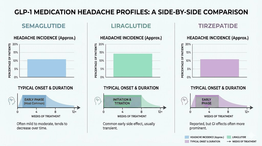 GLP-1 headache rates comparison semaglutide tirzepatide liraglutide
