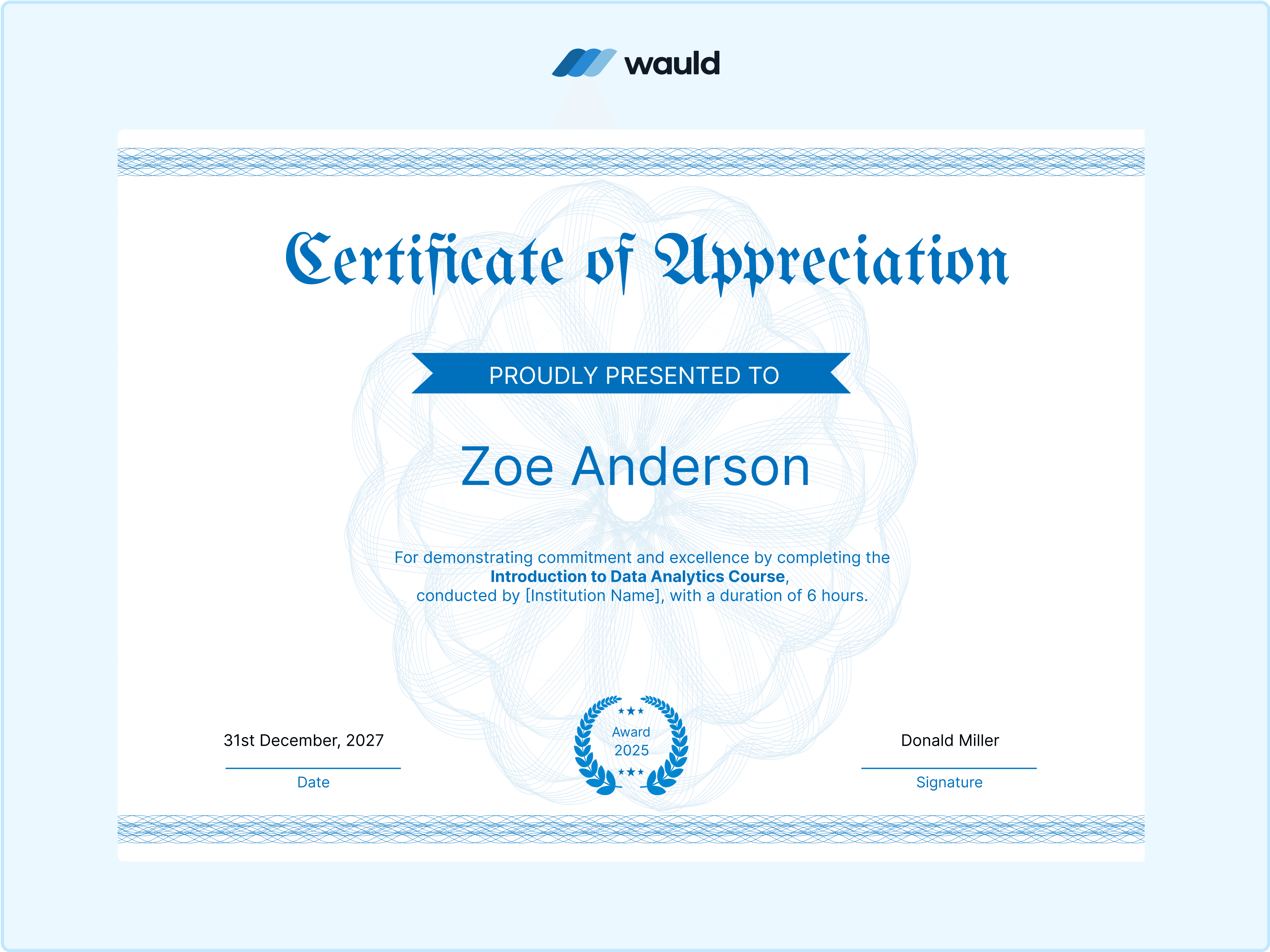 Wauld - Blue-themed CPD certificate template