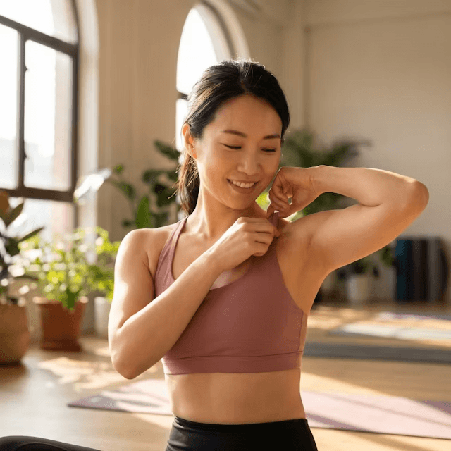 A woman in a mauve sports bra smiling while doing a shoulder stretch before a yoga session.