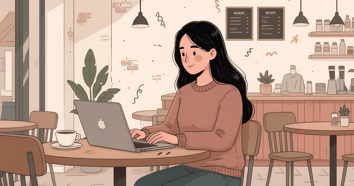 Illustrated young woman with long dark hair sitting at a café table working on a laptop. She wears a brown sweater and teal pants. A takeaway coffee cup on the table beside the laptop. Warm café interior with wooden shelves holding coffee bags and cups on the left wall, a chalkboard menu on the right wall, and warm coral-toned walls. Hand-drawn doodle marks in teal and coral are scattered around. Flat painterly style, variable linework.