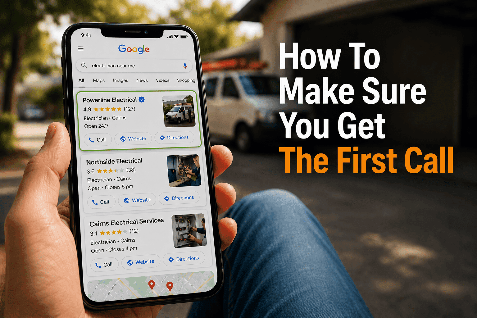 Customer choosing between local service businesses online, demonstrating how reviews, websites, and reputation influence who gets the first phone call.