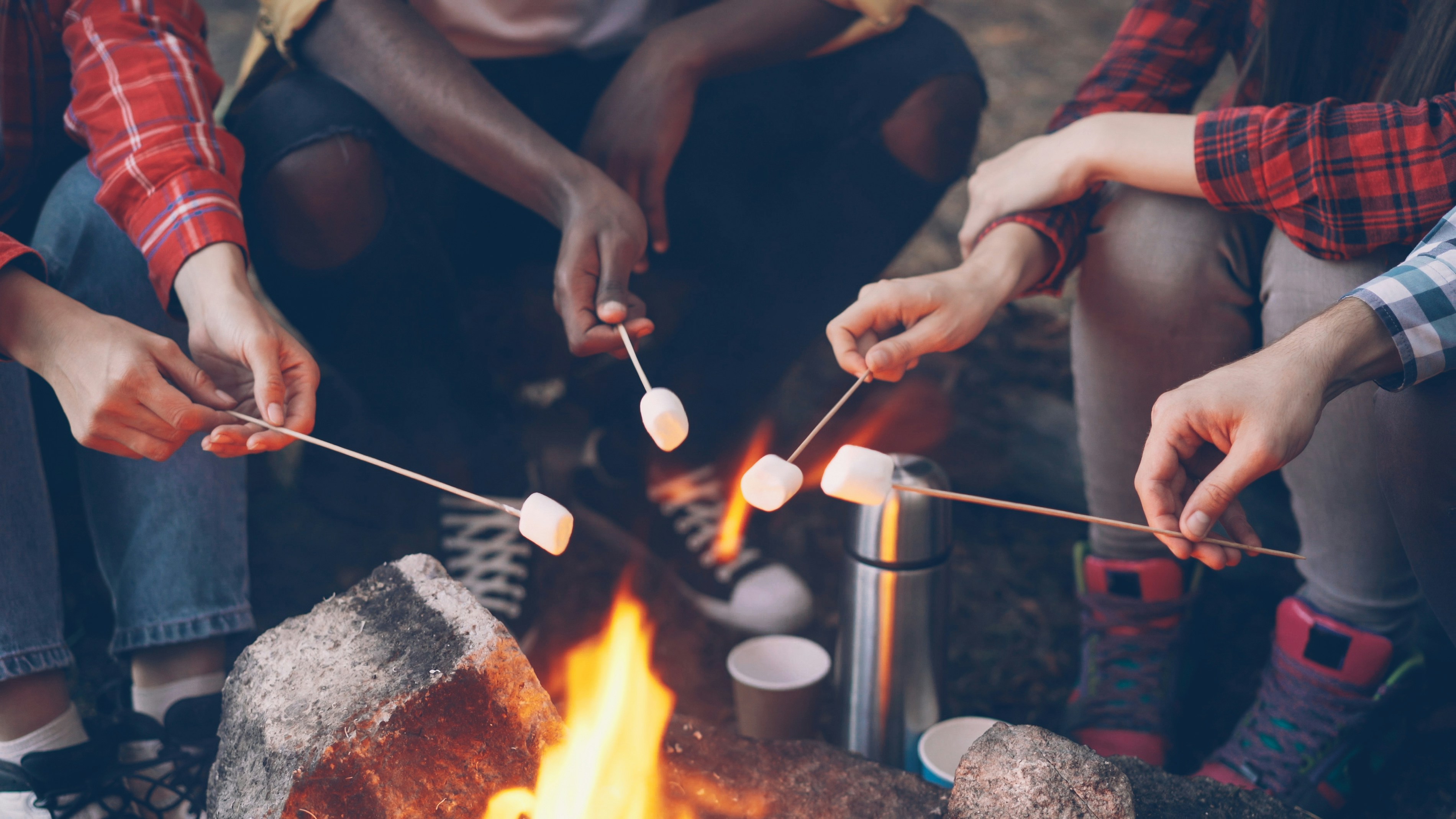 Friends roasting marshmallows over a campfire