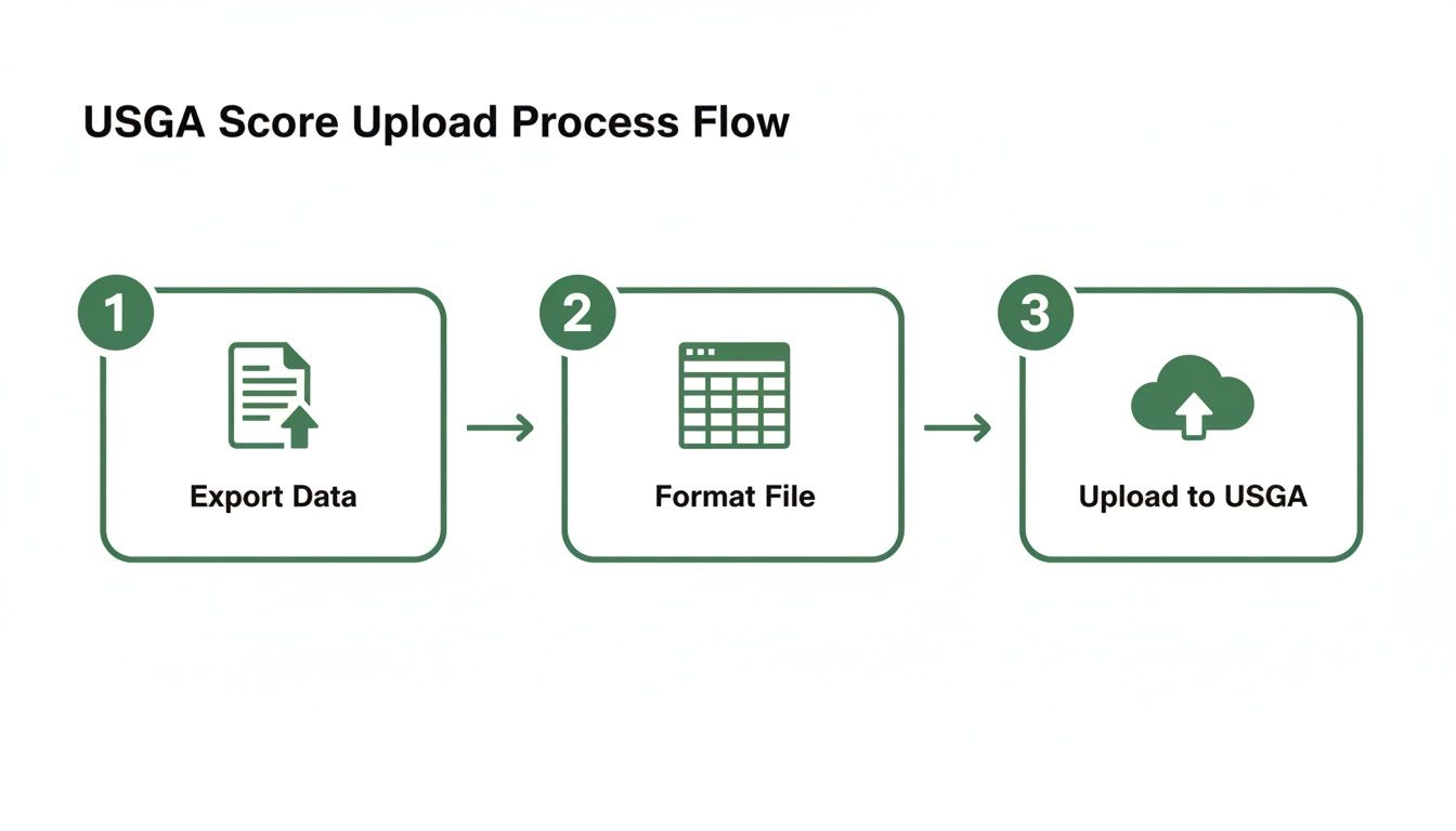 Three-step USGA score upload process: export data, format file, and upload to USGA cloud.