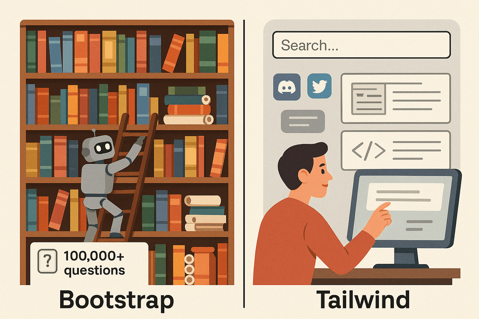 A split illustration showing Bootstrap as a robot librarian climbing a large bookshelf labeled “100,000+ questions,” and Tailwind as a developer using a modern search interface with Discord, Twitter, and GitHub icons.