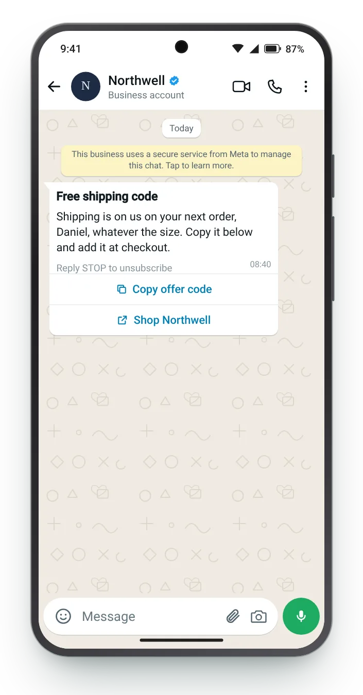 Delivery covered, prices untouched: WhatsApp coupon code message on an Android phone