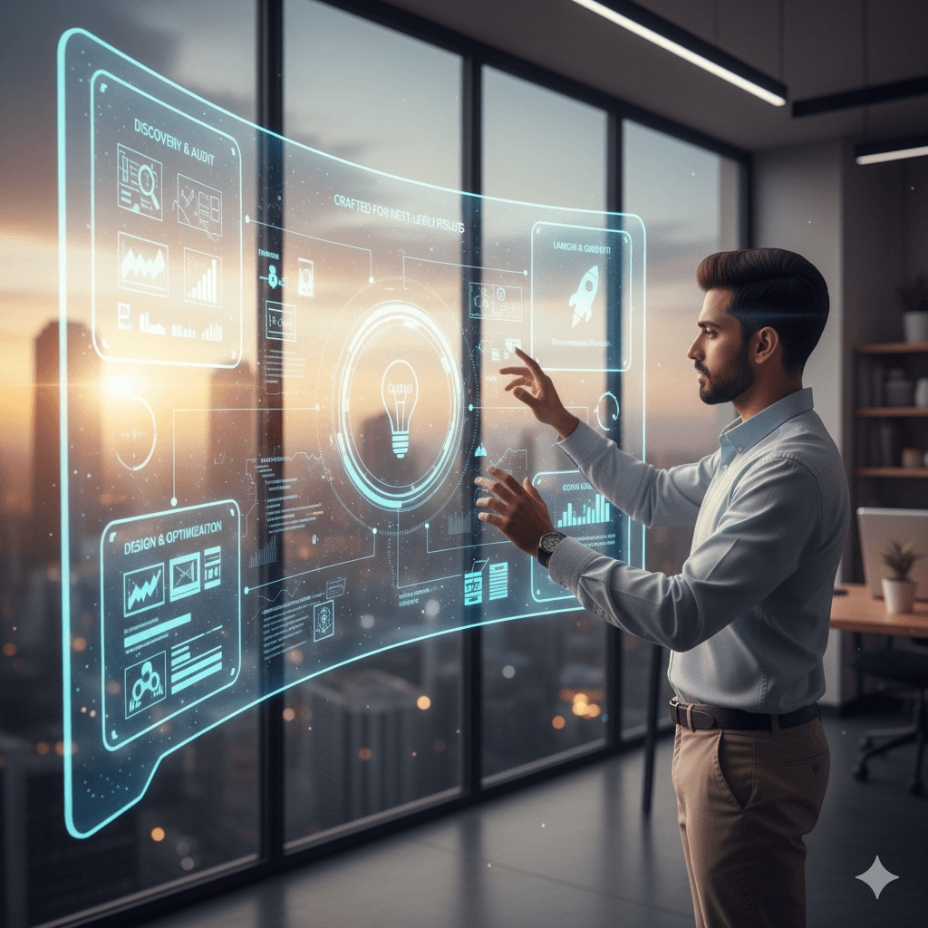 A hand interacting with a digital network of icons representing various business processes and technologies.