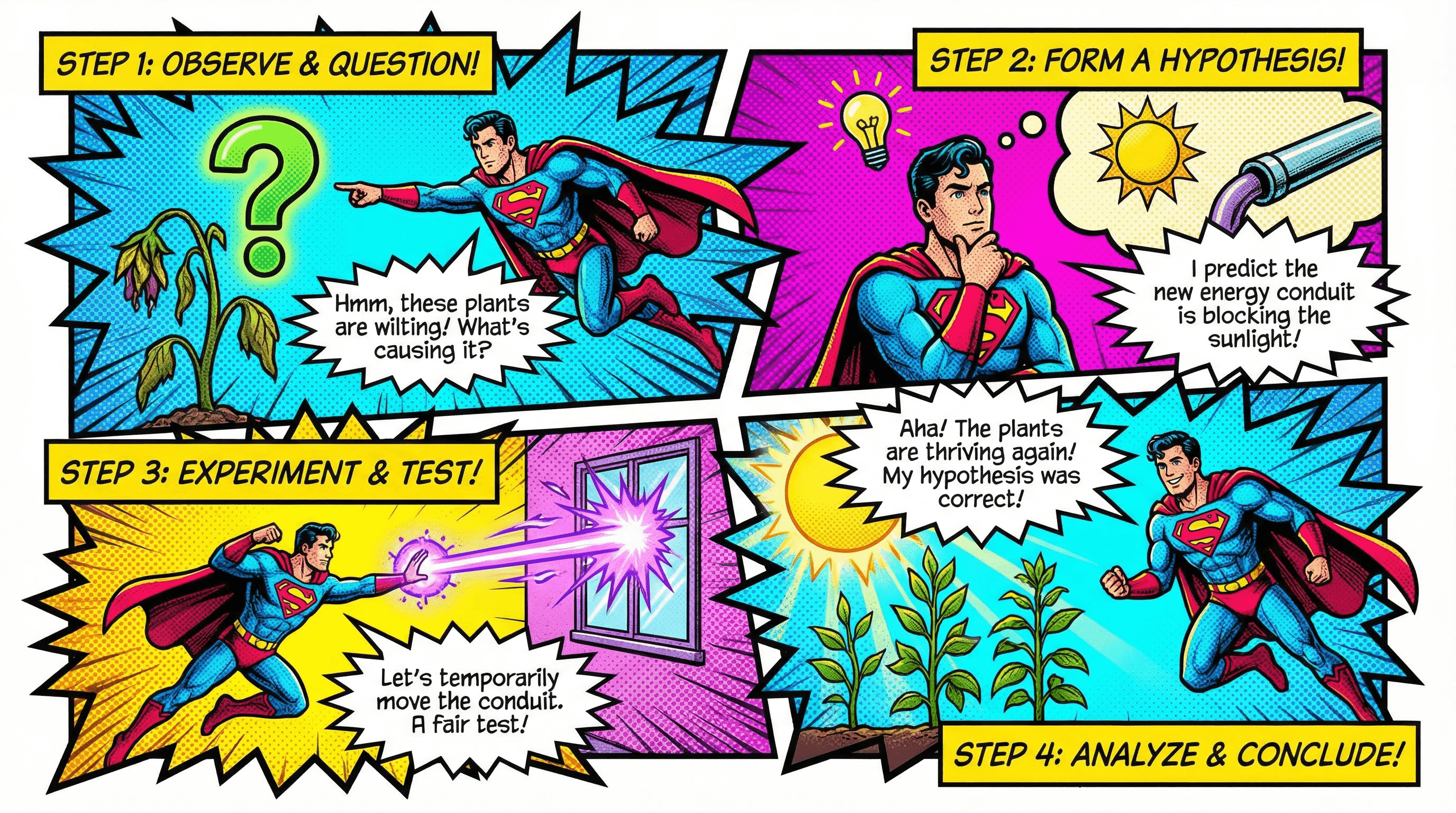 Vintage comic book page infographic with halftone dot shading, dynamic action panels, and yellow speech bubbles.