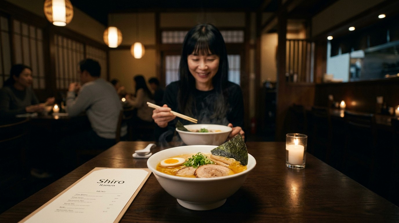 AI ad film production for brands — cinematic AI-generated restaurant advertisement for Shiro Ramen in a warmly lit Japanese restaurant interior — Penguincil Design
