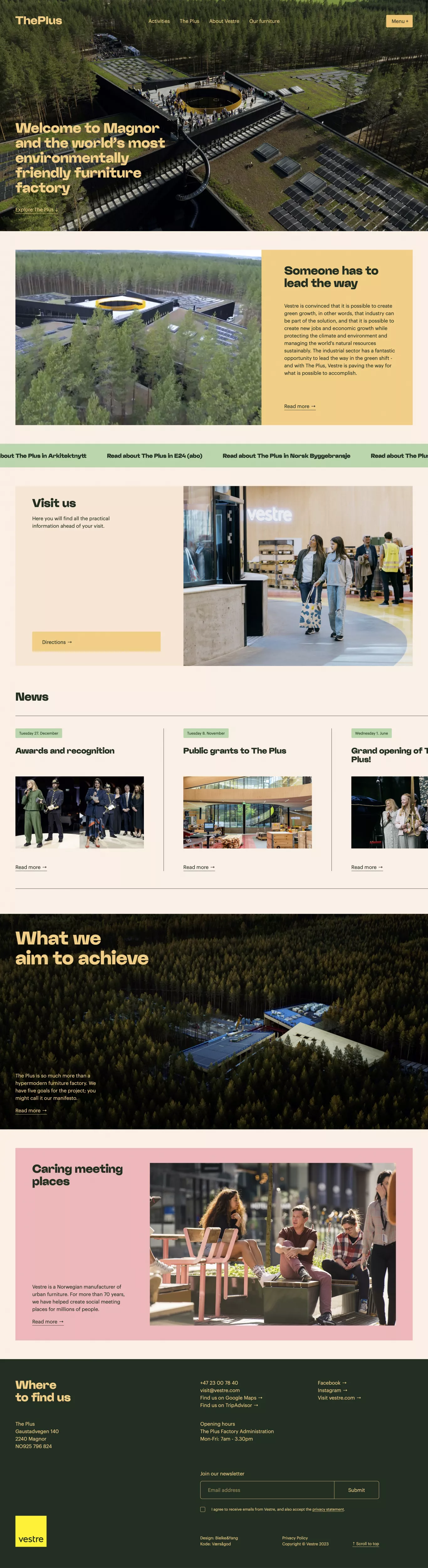 Vestre will build the world's most envir landing page screenshot showcasing Nature and Furniture & Interiors design