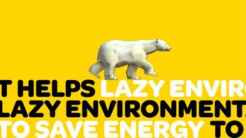 A white polar bear is shown in profile, walking from left to right against a solid yellow background. Below the bear, the text “HELPS LAZY ENVIRONMENT TO SAVE ENERGY TO” is written in black, white, and black letters.