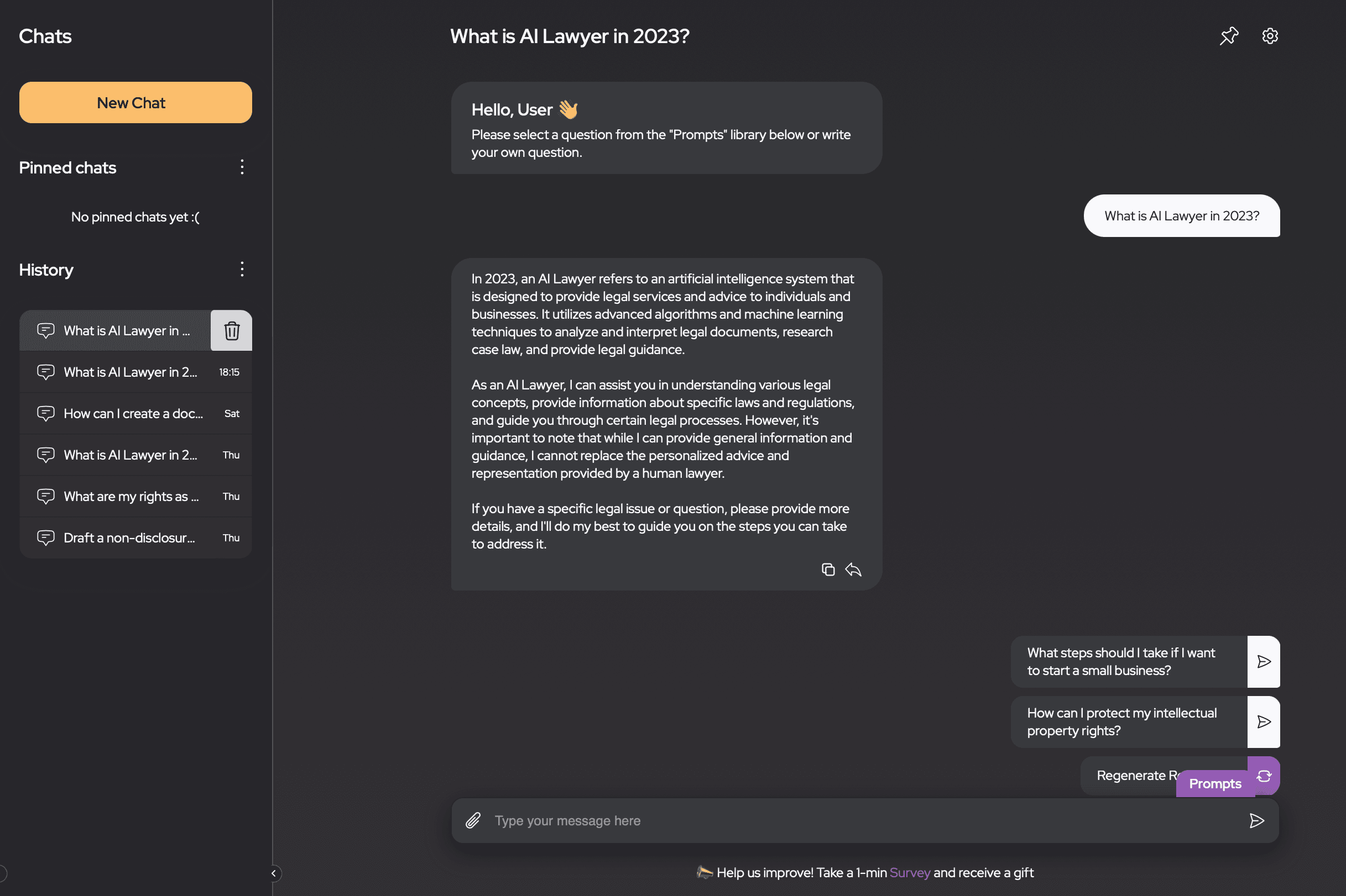 Screenshot of a chat interface with a query about "What is AI Lawyer in 2023?" and an AI's explanatory response about the capabilities and limitations of AI in providing legal advice.