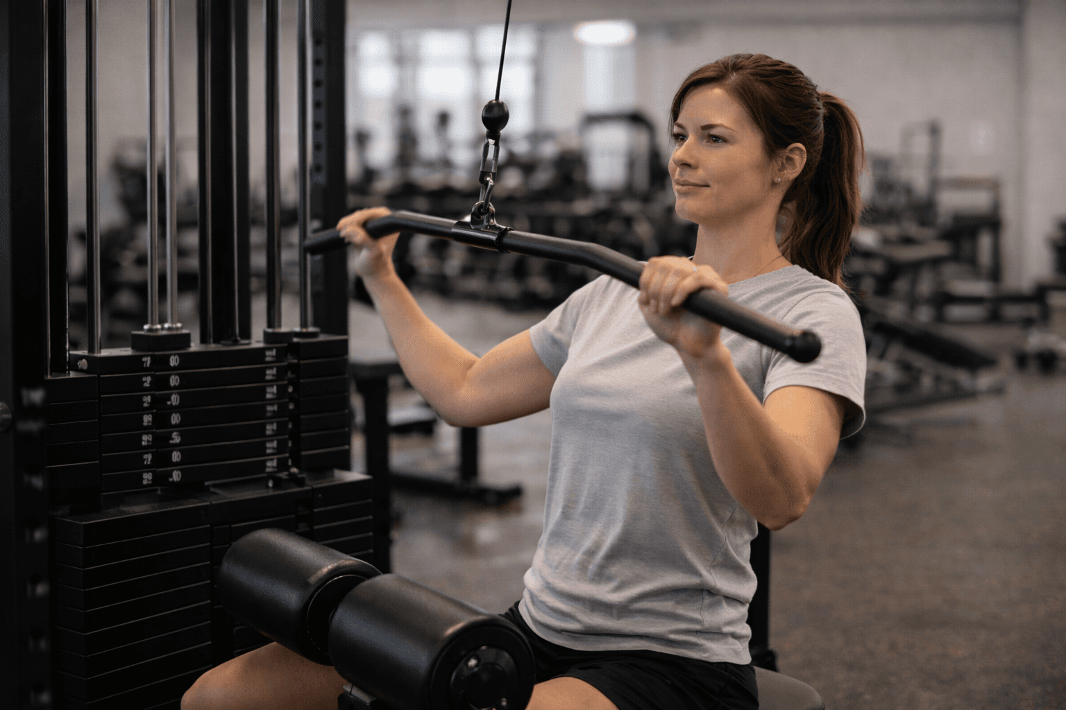 Woman performing a lat pulldown on a cable machine to strengthen back and shoulder muscles.
