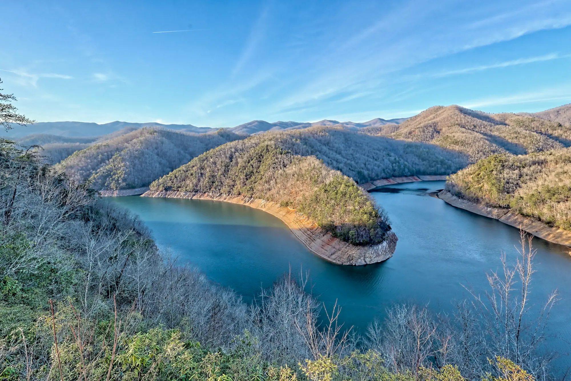 Fontana Lake winding between mountain ridges, seen from Eagles Landing