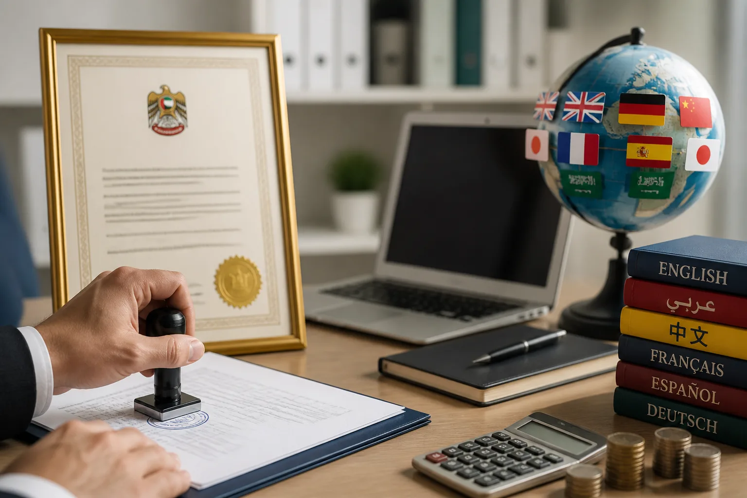 Translation Company License in Dubai beside an itemised cost breakdown with stacked coins and a