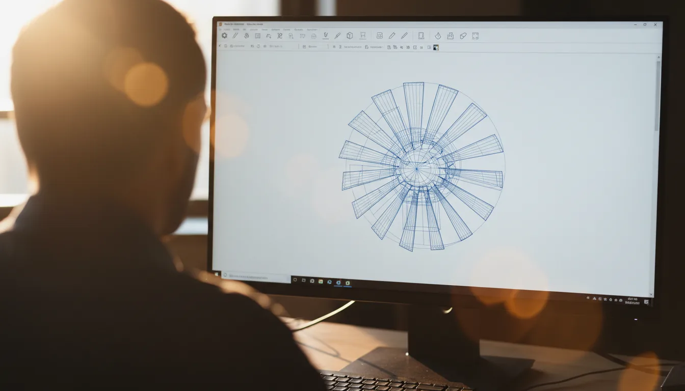 DSLR photograph, over-the-shoulder close-up of a computer monitor displaying professional CAD software. The focus is sharp on a complex 3D wireframe schematic of a mechanical part, shown in a clean light mode interface with a top toolbar of abstracted UI elements. Natural daylight creates a shallow depth of field, with the silhouette of a person's head softly blurred in the foreground, creating a warm bokeh effect.