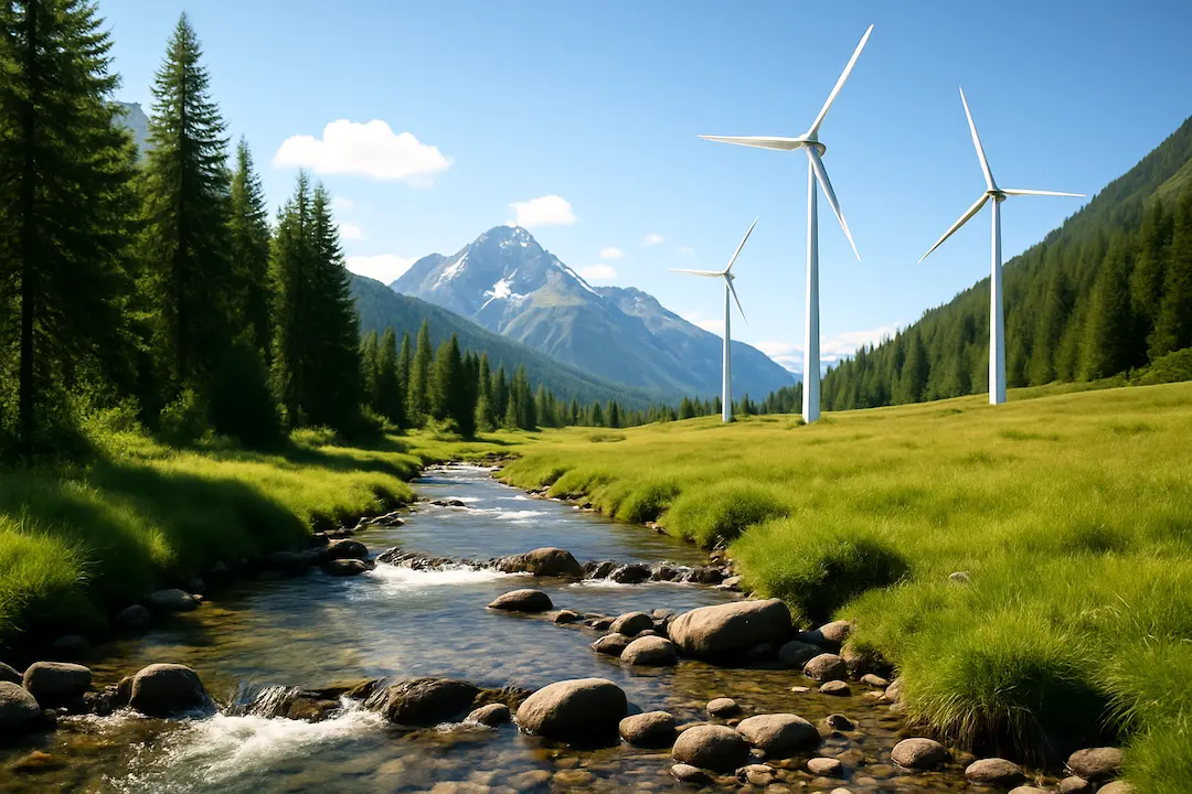 Windräder auf Waldwiese mit Bach und Bergen