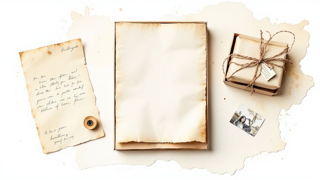 A vintage flat lay of sentimental items: an old letter, a wrapped gift, and a small photograph.