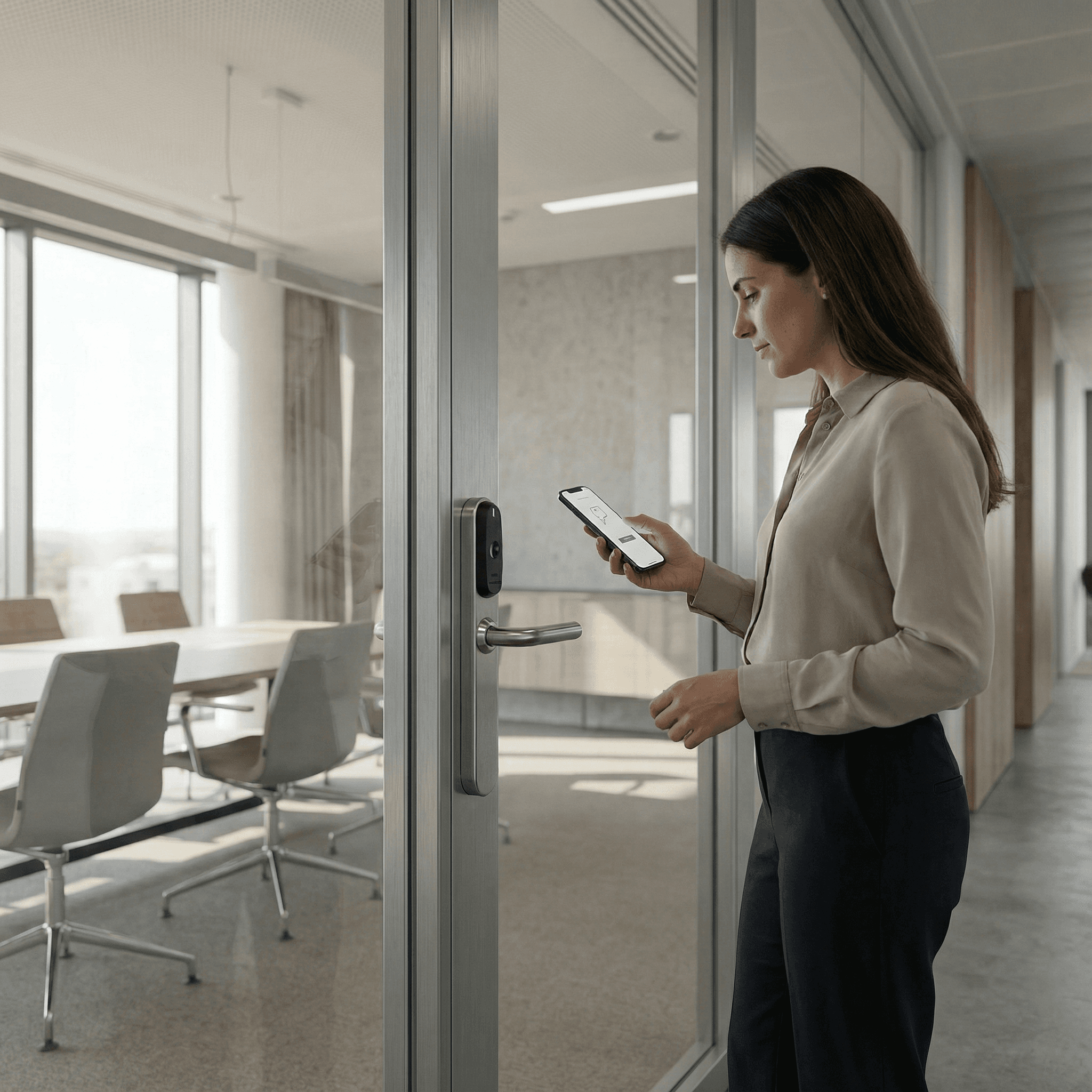 Eine Frau öffnet die Tür zum Meetingraum mit Salto KS Smartlock per Smartphone