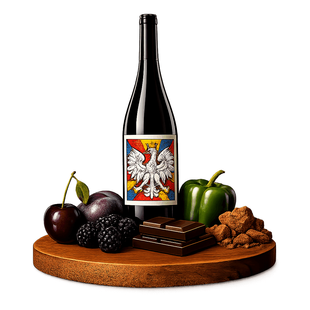 Artistic label and flavor profile for Polish Regent on a rustic wooden table.