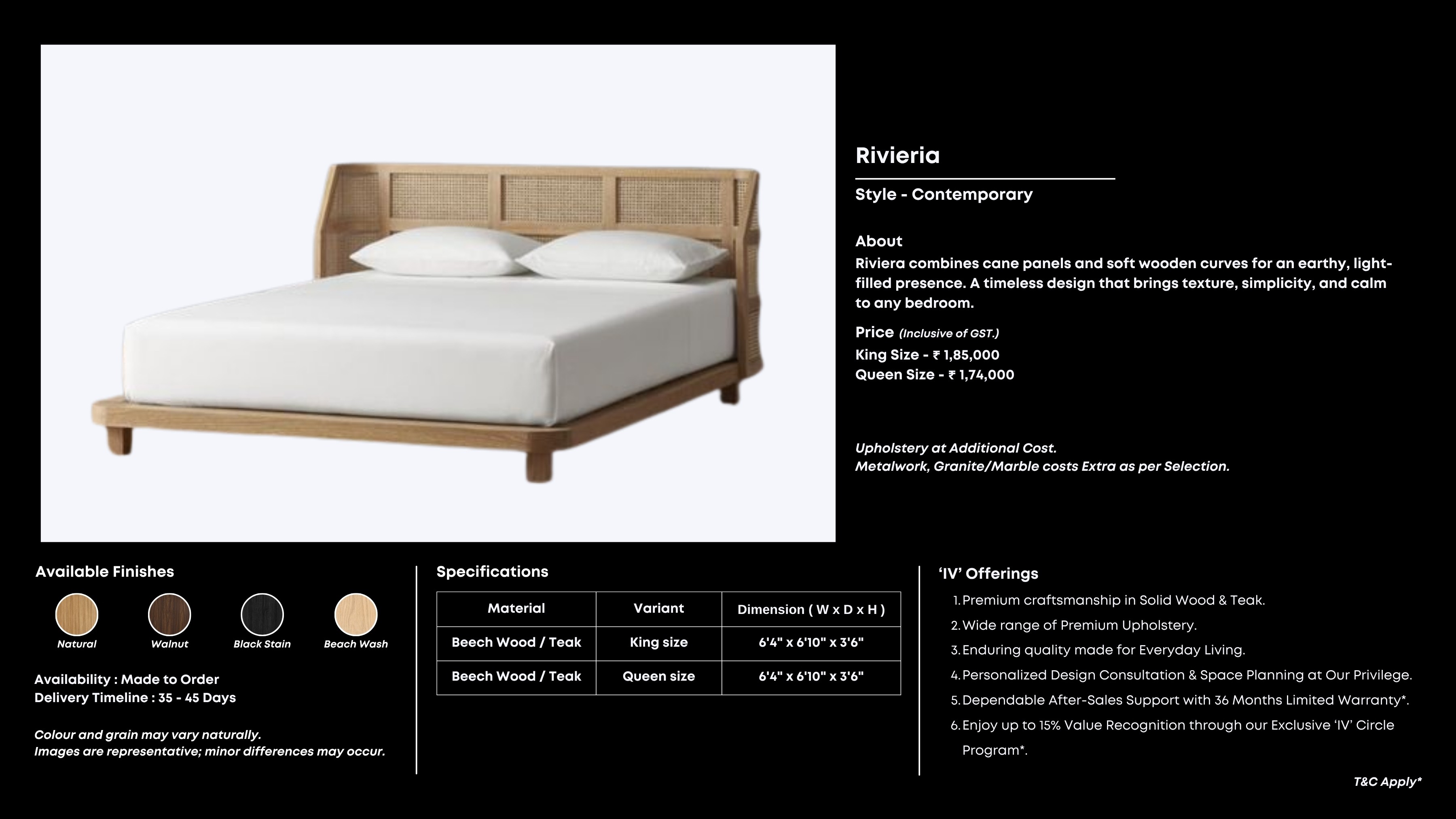 Rattan-paneled bed with curved natural wood frame.
