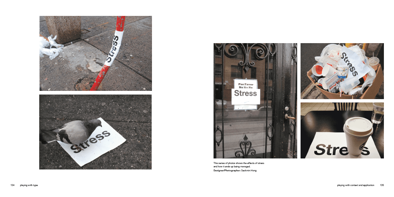 A sample of a white sticker with word Stress written on it and placed on different objects.
