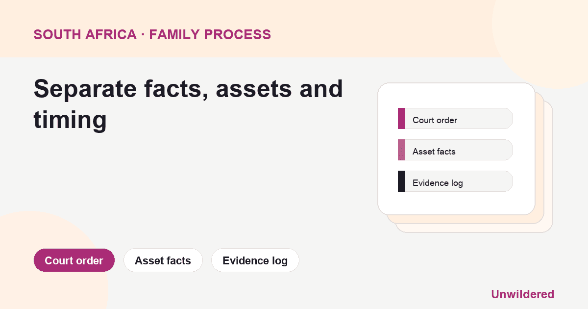 Process diagram for South Africa Divorce Rule Business: Court order, Asset facts, Evidence log.