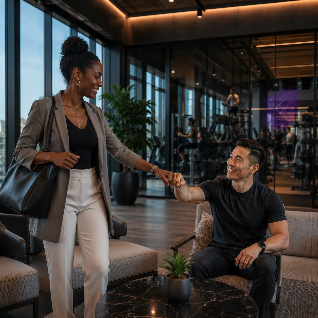 Propriétaire de gym qui fait un ''fist bump'' à un client assis dans le loundge d'un gym moderne. 
