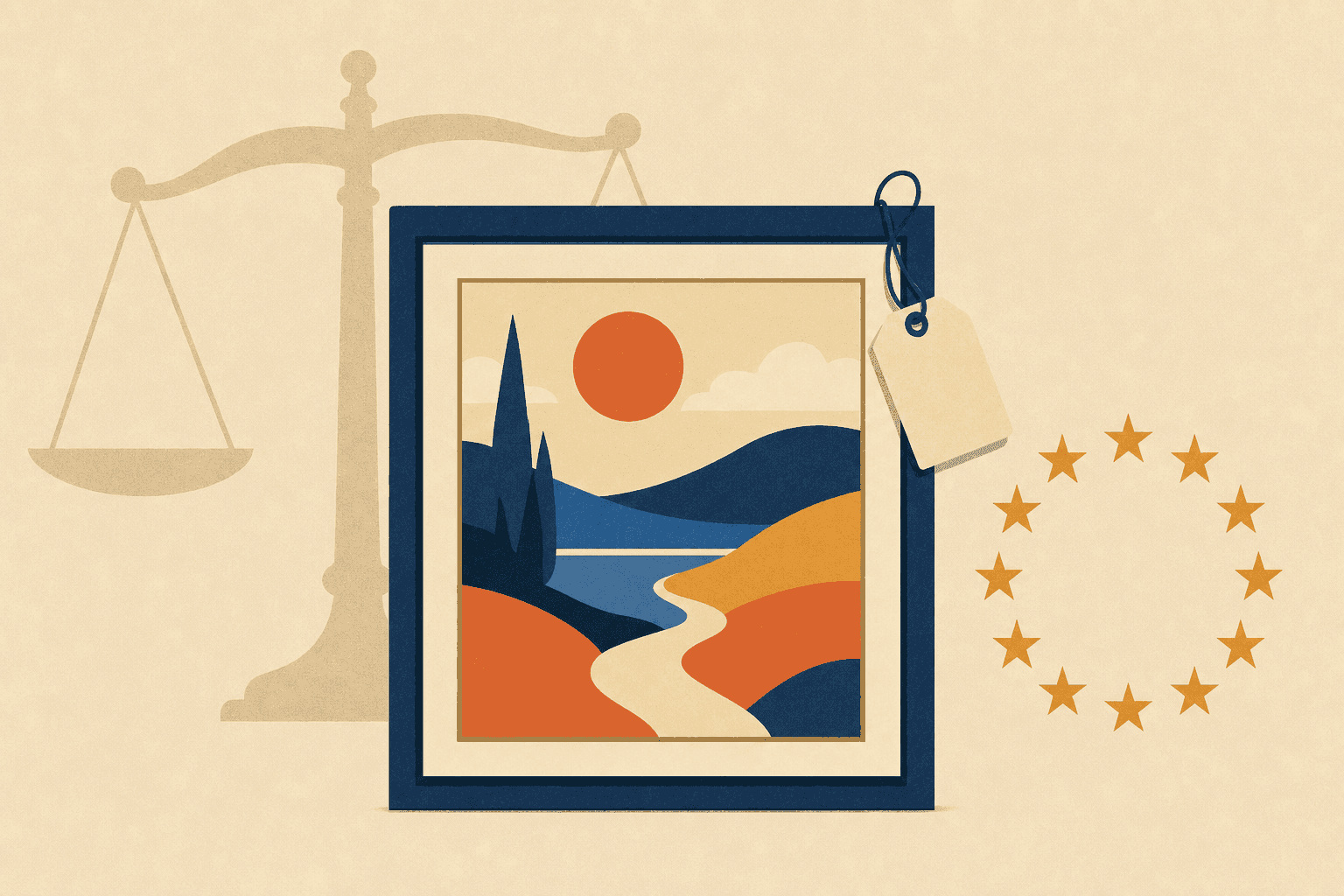Illustration: Gerahmtes Landschaftsbild mit leerem Anhänger, daneben ein Kreis aus zwölf Sternen und eine Waage im Hintergrund