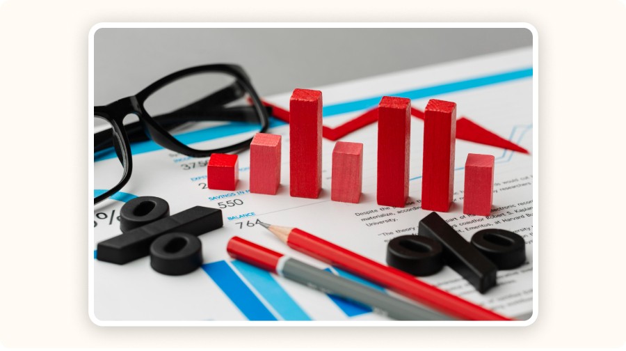 Financial report with red bar graphs, percentages, and data tools, symbolizing how network performance affects business results.