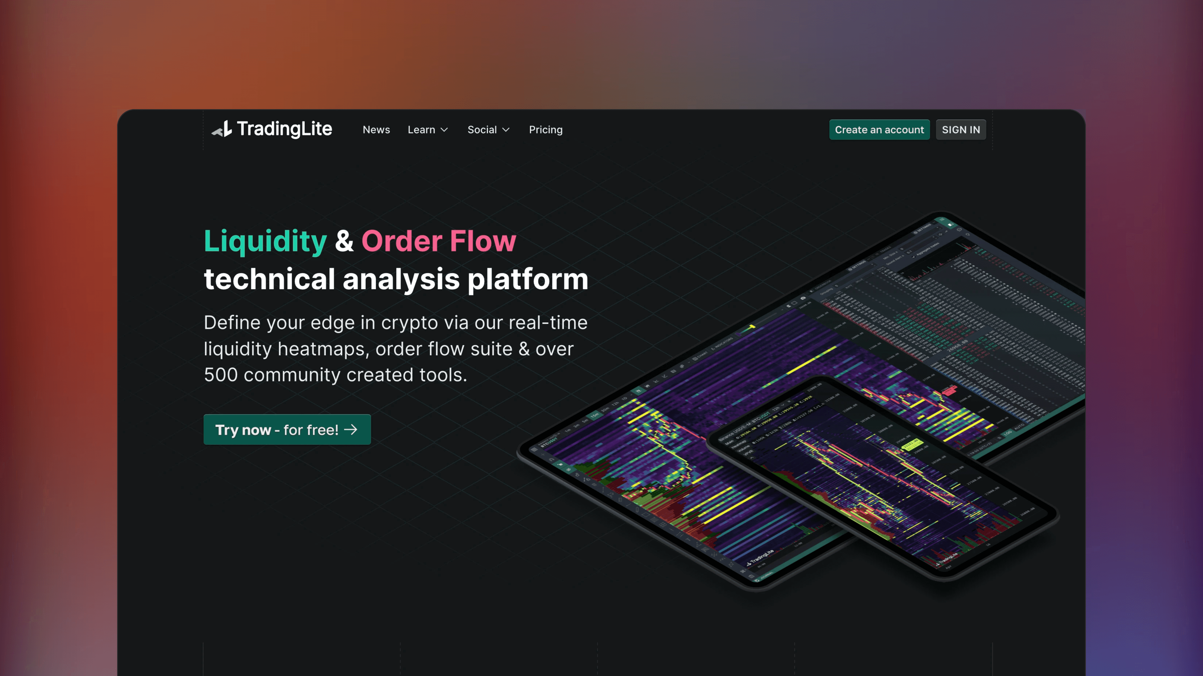 Website preview of TradingLite, technical analysis orderflow platform featuring liquidity heatmaps and footprint charts for crypto markets.