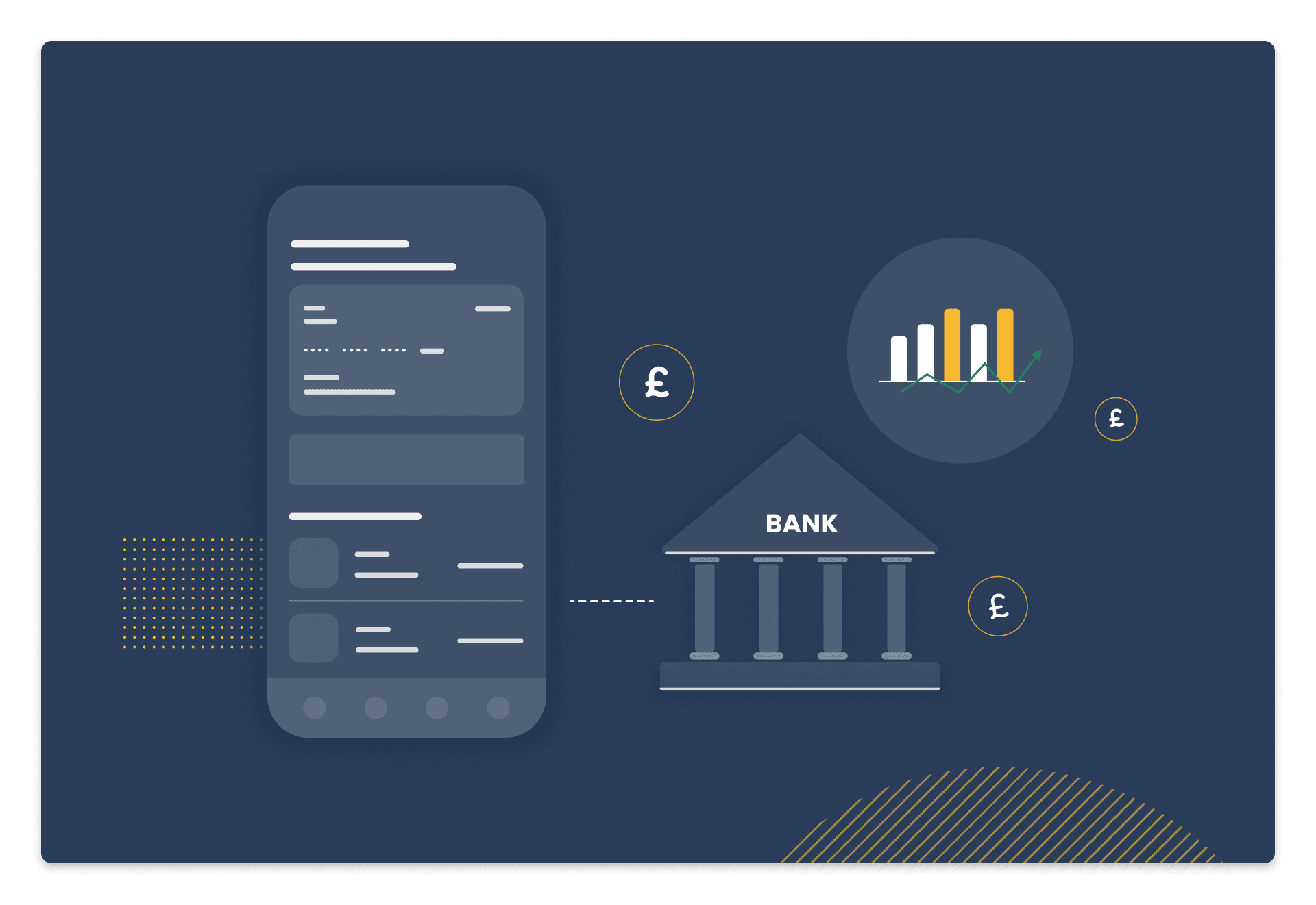 Illustration of a mobile phone with data screens on it next to a bank building on a blue background