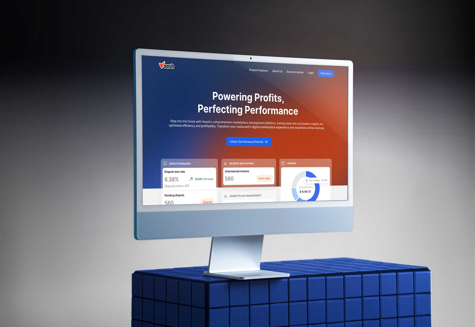 Voosh restaurant management SaaS platform displayed on desktop showing 'Powering Profits, Perfecting Performance' dashboard with blue-to-orange gradient, profit metrics, COGS breakdown, online orders tracking, and performance analytics interface