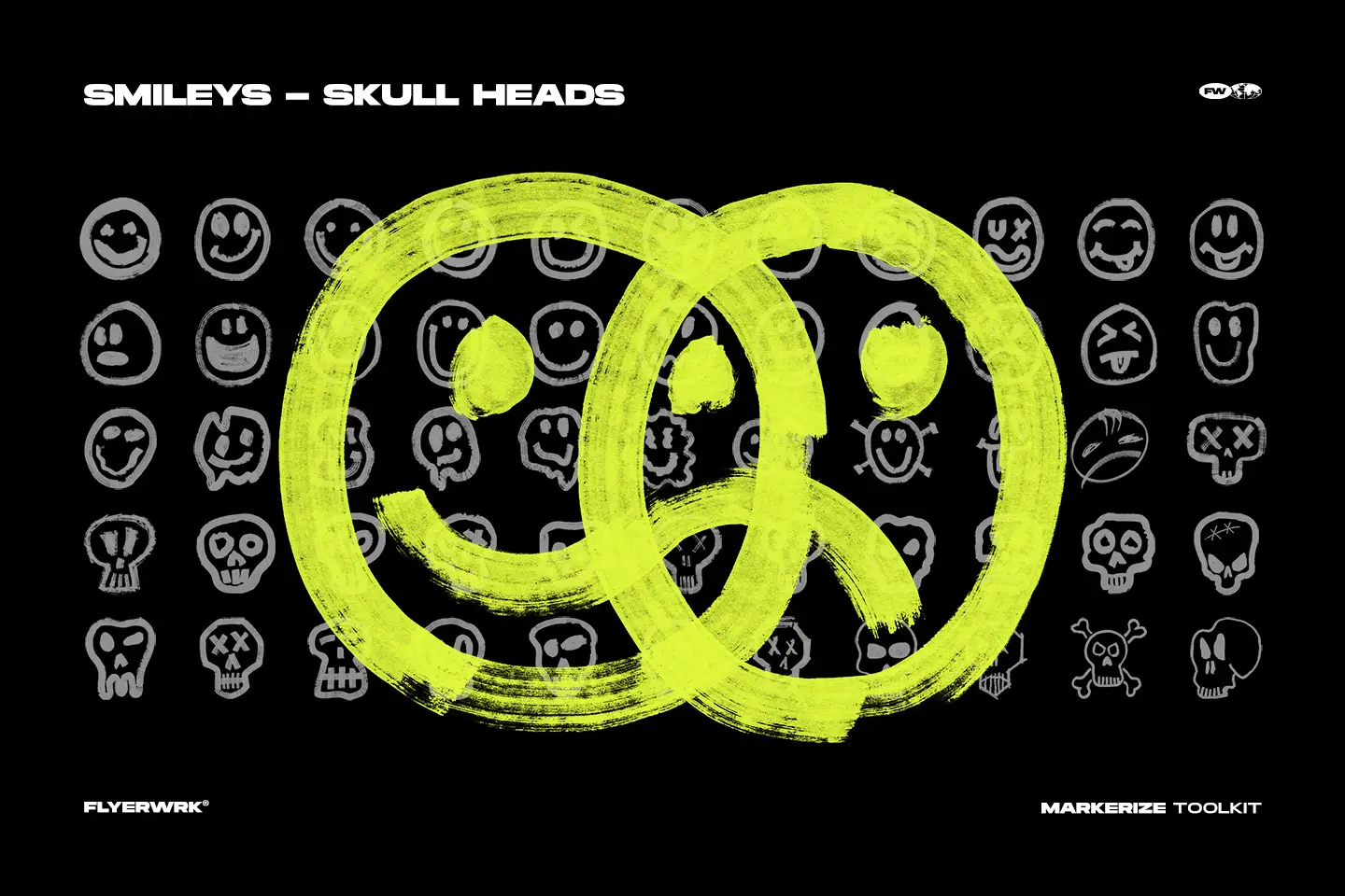 Markerize set of hand drawn smiley faces and skull head doodles with neon yellow accents