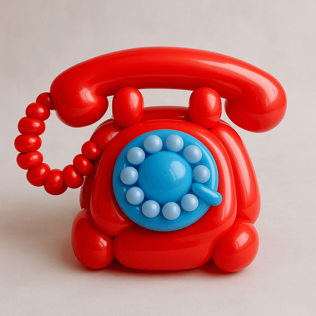A vibrant red balloon sculpture of a retro rotary telephone with a detailed blue dial sits against a neutral background, showcasing a playful and creative design.