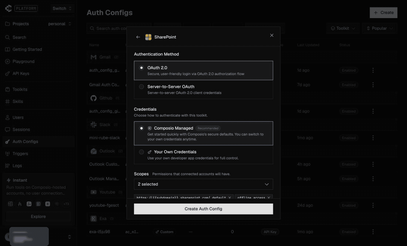 OAuth 2.0 and Composio Managed with the tenant-templated SharePoint scope