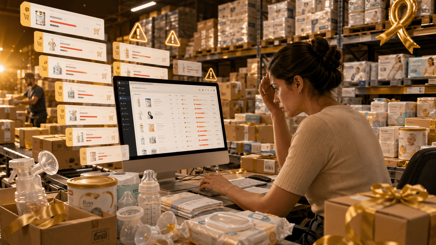 Profissional de uma distribuidora de produtos materno-infantis demonstra preocupação diante de um computador com grande volume de pedidos e alertas, em um armazém repleto de fraldas, mamadeiras, fórmulas e caixas, sob iluminação dourada que remete ao Agosto Dourado.