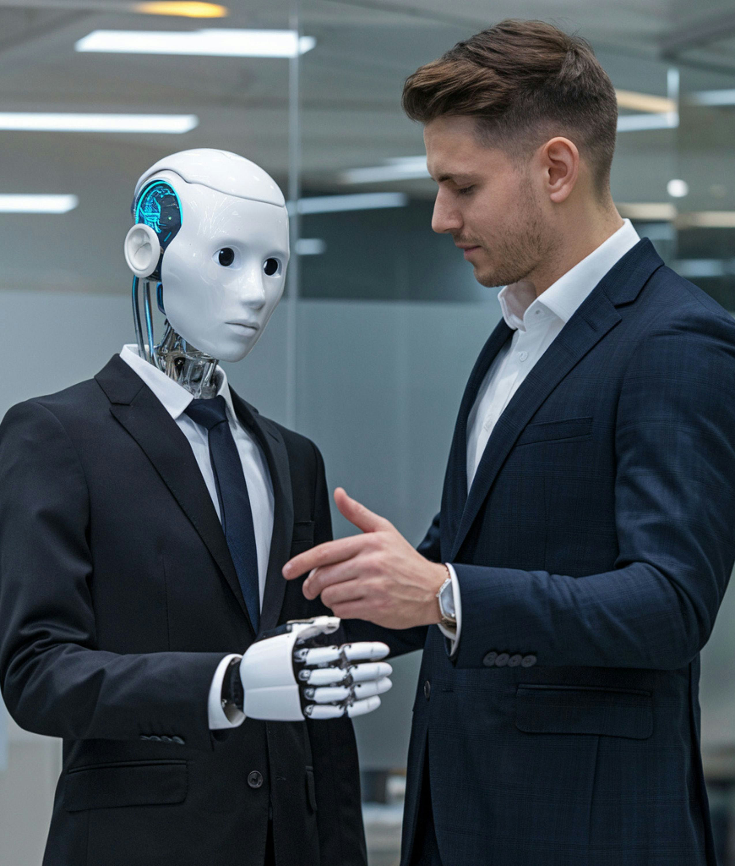 A man shakes hands with a robot representing autonomous hiring agents working with humans.