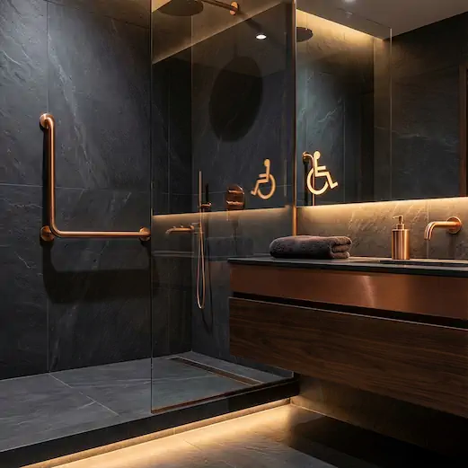 Salle de bain PMR moderne avec barres d’appui en cuivre, douche accessible et miroir rétroéclairé, design haut de gamme et adapté aux personnes à mobilité réduite.