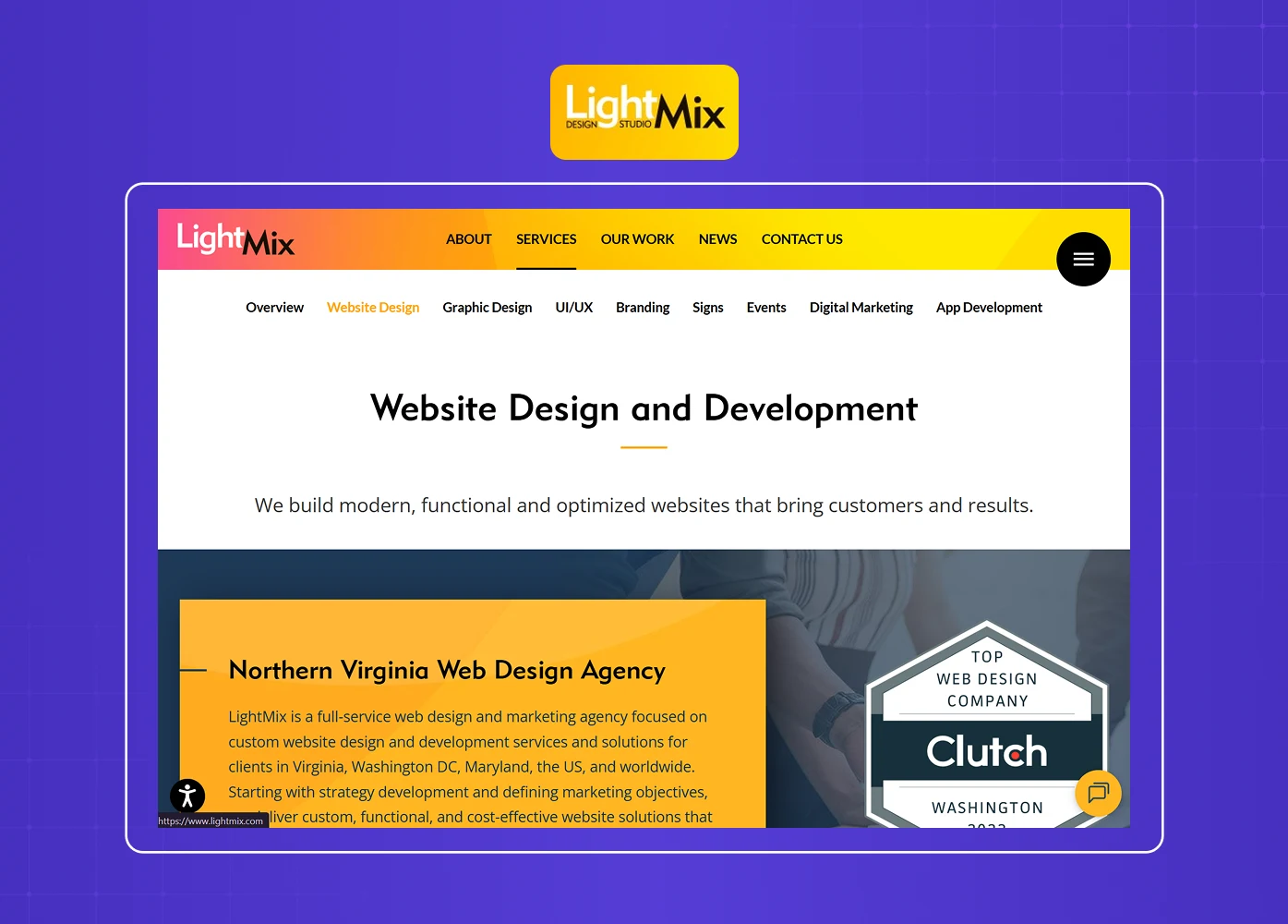 The LightMix Design Studio website promotes web design and development services through vibrant visuals and clear service navigation. 