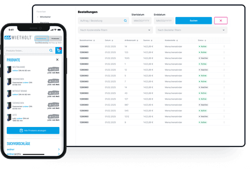Mockup eines Smartphones und IPads das eine Bestellhistorie in einem Online Shop sowie Produkte die im Shop ausgesucht werden können zeigt
