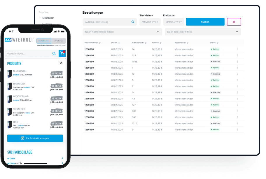 Mockup eines Smartphones und IPads das eine Bestellhistorie in einem Online Shop sowie Produkte die im Shop ausgesucht werden können zeigt