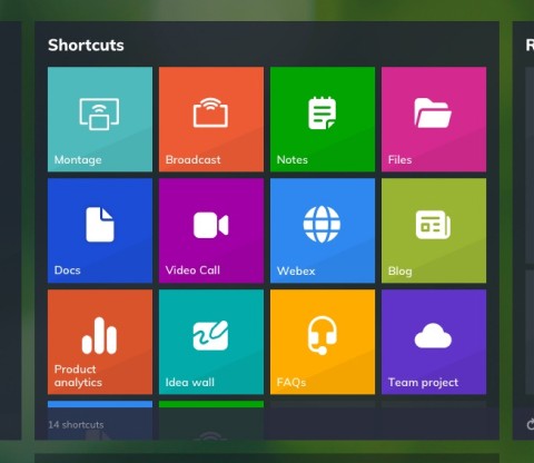 The shortcuts panel on the Launcher home screen, displaying a variety of different shortcuts to apps, websites, and resources