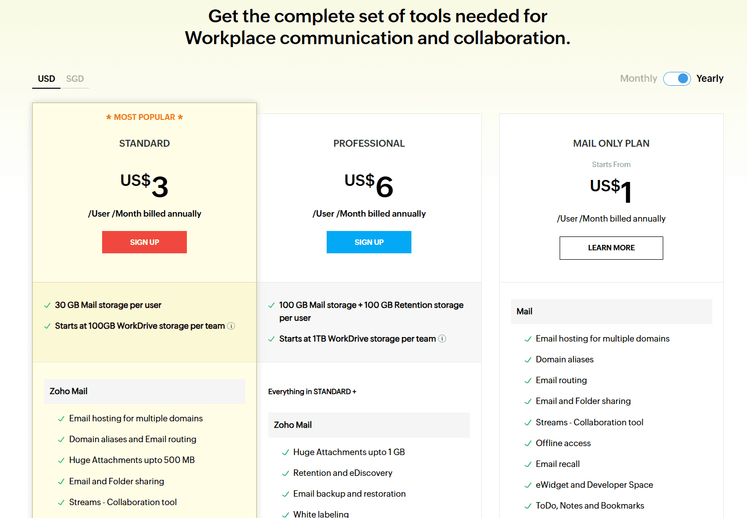 Zoho Workplace pricing page