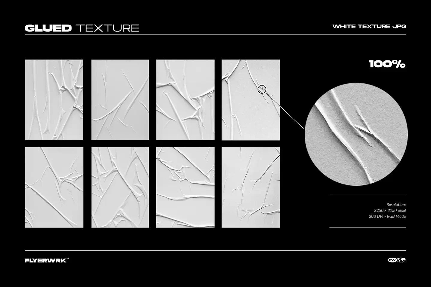 White glued poster textures collection showing folded and wrinkled poster surfaces