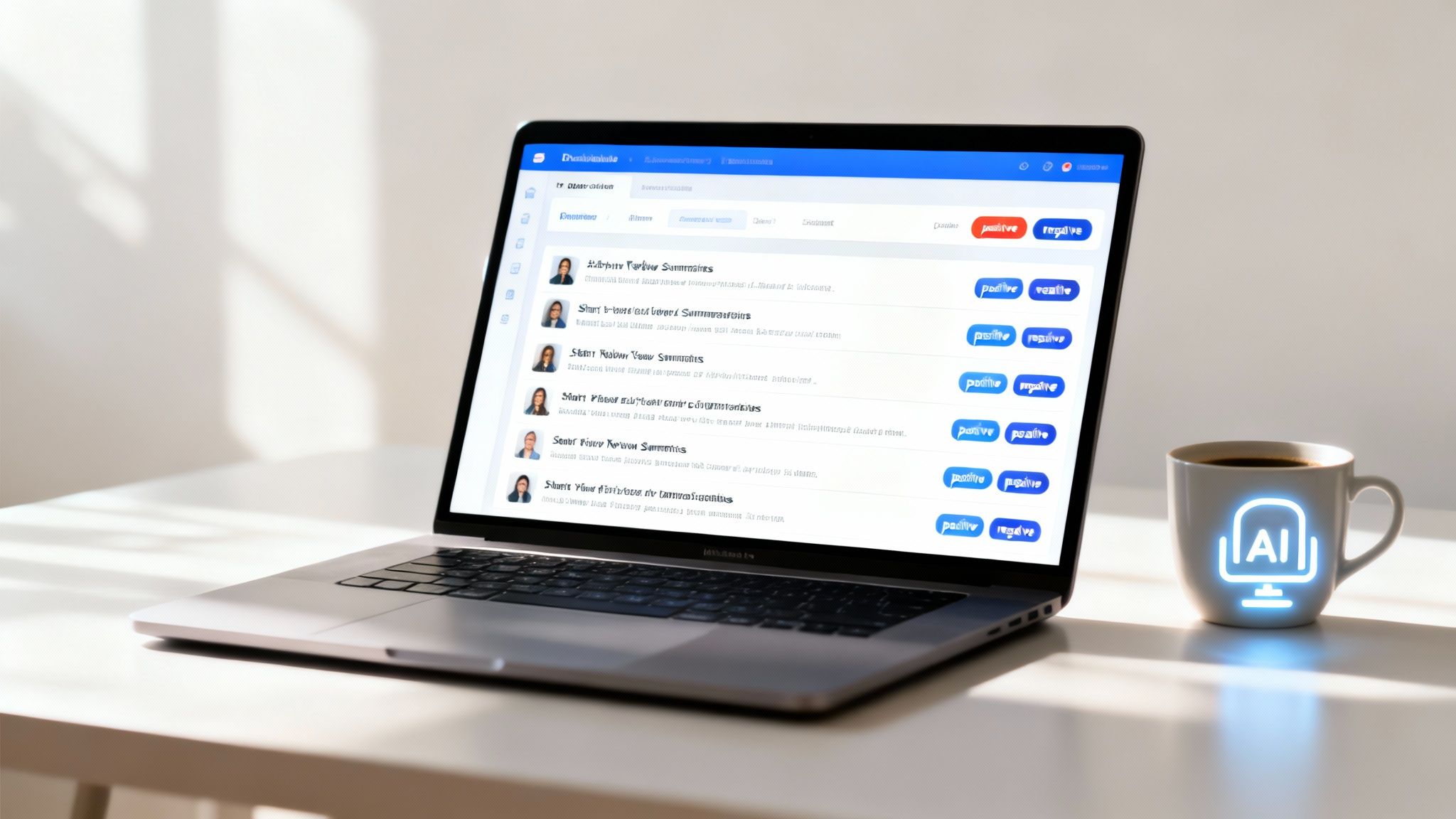 A laptop screen shows an AI-powered sentiment analysis dashboard, next to a coffee mug with an AI logo.