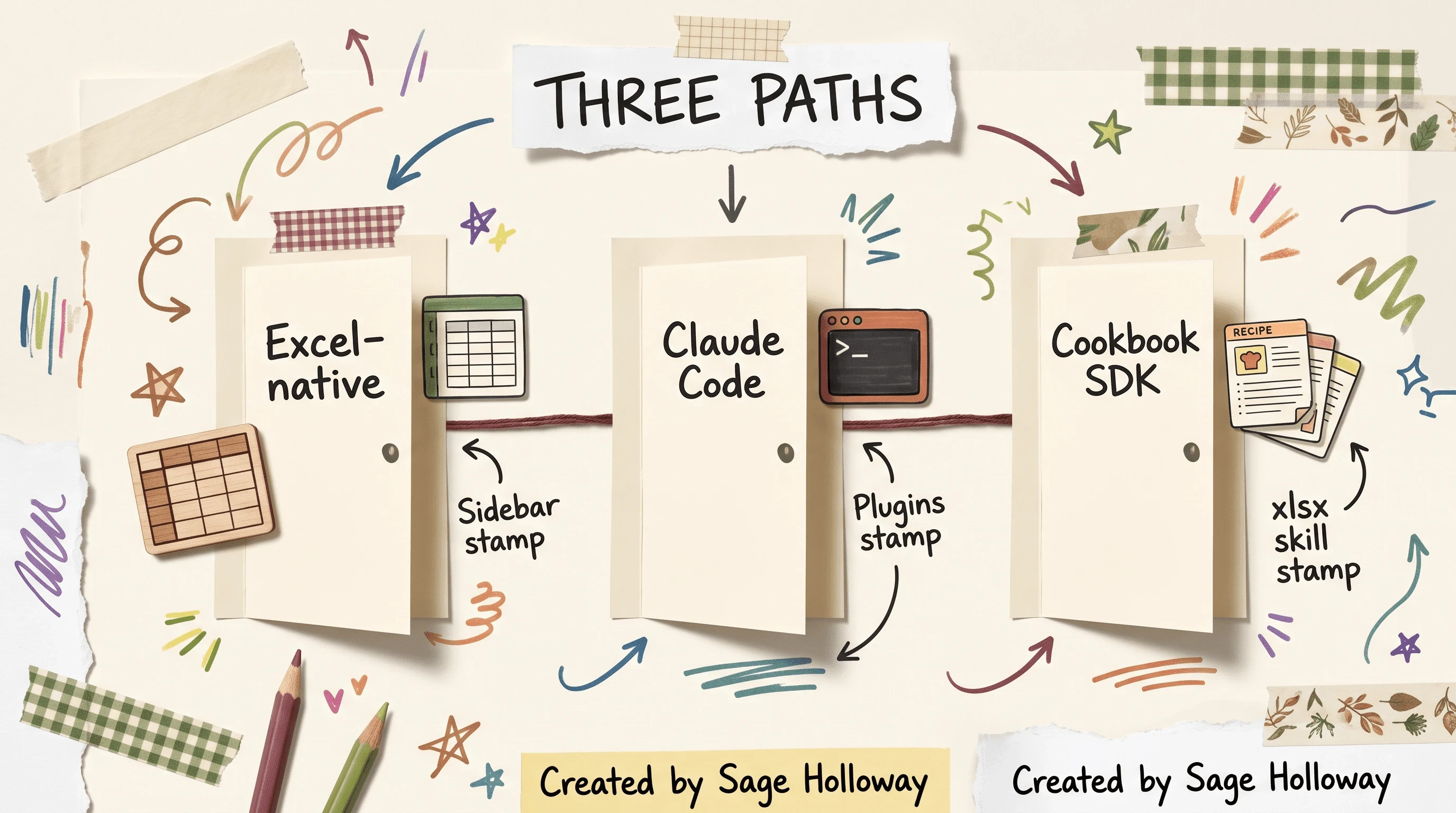 Scrapbook diagram of Excel-native, Claude Code, and Cookbook SDK paths for AI financial modeling